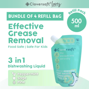 [Bundle of 4]❤️ Cloversoft Loves All Purpose 3 in 1 Dishwashing Liquid Refill bag Peppermint Sage Pine [500ml]
