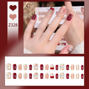 เล็บปลอม เล็บยาว DD328 เล็บปลอมผีเสื้อสีชมพู สีสวยสไตล์ฝรั่งเศส 24 ชิ้น