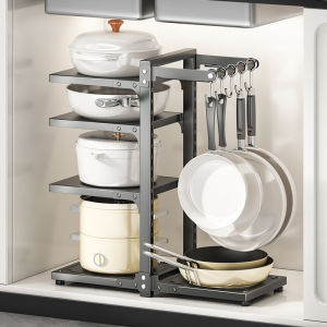 Multi-Layer Stainless Steel Pot Rack with Hooks Adjustable Countertop Organizer for Pots Pans & Lids