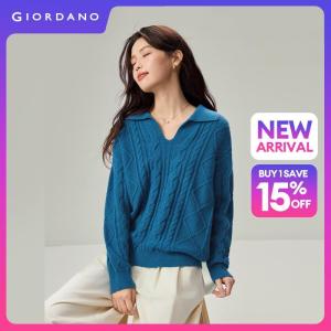 Giordano Beau Monde Women Open collar cable knit sweater Free Shipping 13356638
