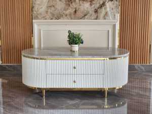 Meja Tamu Oval Duco Putih Top Marmer Carrara Lis Gold Stainles