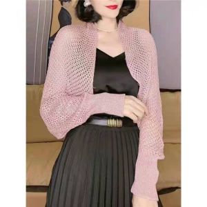 BESTOUR Simple Ice Silk Shawl Hollow Luxury Thin Outerwear Coat Trend Elegant Sunscreen Crop Knit Cardigan