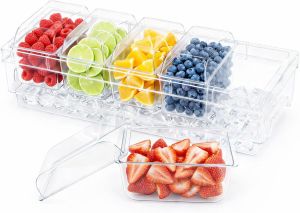 Lifewit Chilled Condiment Containers with Lids Plastic Taco Bar Serving Set for Party with 5 Containers Ice Garnish Tray for Mimosa Bar Supplies Clear Serving Platter for Fruit Salad Snack