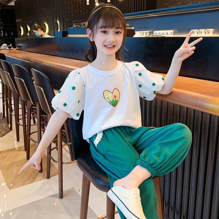 Fashion Girls Clothes Summer Short Sleeve T-shirts Long Pants