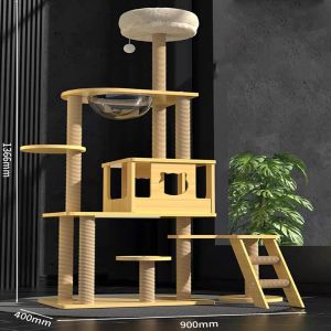 Wood Cat Tree Luxury Wooden Cat Tree Cat Tower Cat Condo Multi-functional Solid Wood Activity Center with Scratching Post for Indoor Cats