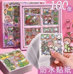 Cute waterproof sticker cartoon pattern DIY sticker hand account label sticker 100pcs/box 可爱卡通防水文具少女心贴纸礼盒