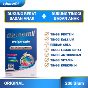 GLUCOMIL - Susu Gemuk Anak & Cerdas | Susu bubuk ETAWA Tinggi Protein dan Kalsium untuk Anak-anak hingga Remaja - Rasa Original - Ekstrak Alpukat Daun Kelor Temulawak - Paket 1 Box - Berat isi 200gr