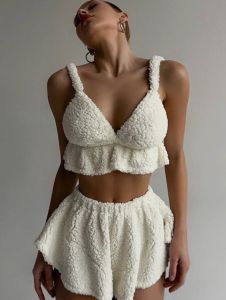 2026 Comfortable Lamb Wool Ruffled White Camisole Shorts Two-Piece Pajama Set for Women Homewear