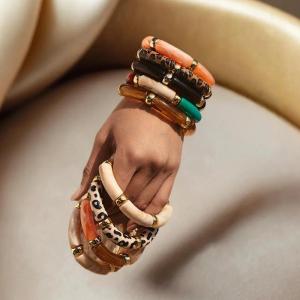 Hmeme Hỗn hợp màu tre Ống Acrylic đàn hồi Vòng đeo tay cho phụ nữ người đàn ông thời trang nhựa Chunky khuỷu tay đính cườm Bangle Stack
