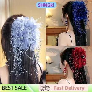 SHNGki Women Luxury Mesh Flower Pearls Tassels Hair Clips Female Fluffy Shark Hair Claws Hair Accessories Headdress