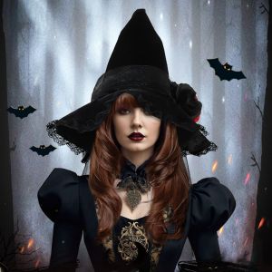 CROSSTIME Velvet Cloth Halloween Witch Hats Gothic Queen Baroque Wizard Cap Portable Flower Performance Props