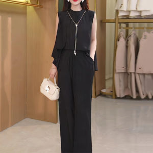 Zippered Sleeveless Wide-Leg Pantsuit For Women Plain Basic Round Neck Vest Loose Pants Two-Piece Suit