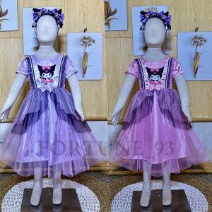 FREE BANDO KUROMI Baju Dress Anak Perempuan Motif Kuromi Lengan Pendek Usiaa 3 - 8 Tahun Gaun Pesta Ulang Tahun Birthday Gift Dress Anak Lucu Cute Model Terbaru 2025 Warna Purple Ungu gaun ulang tahun anak perempuan - COD