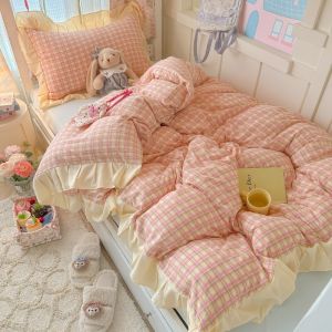 Dansunreve 3in1/4in1 tấm phẳng duy nhất/Nữ Hoàng/Vua Ra Bọc Nệm Ruffle ren sọc/kẻ sọc Bộ bọc chăn ký túc xá sinh viên Bộ vỏ chăn ga gối