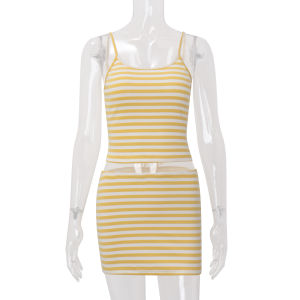 2026 Summer Vacation Style Striped Spliced Cami Top Slim Hip Wrap Skirt Two Piece Set