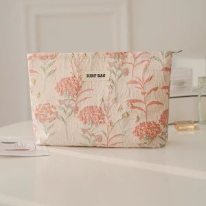 NEXTYOO Large Capacity Makeup Bag Zipper Cream Color Cosmetic Bag Floral Embroidered Toiletries Skincare Storage Bag Travel