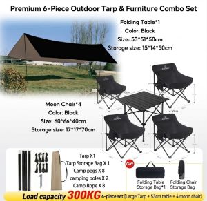 Elysee 6-in-1 Premium Camping Set | Large Tarp Awning + 53cm Folding Table + 4 Moon Chairs | Heavy Duty 300KG Portable Outdoor Gear
