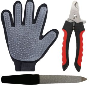 Pet Brush Grooming Fur Deseeding Gloves | Pets Claw Clippers and File Set