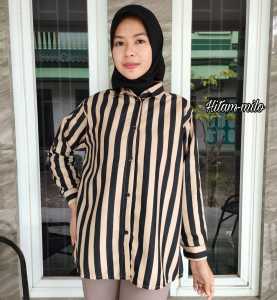 Atasan Wanita Kekinian Viral Import/Kemeja Tunik Salur Katun/Blouse Remaja Sesil Salur Lengan Balon Kerut