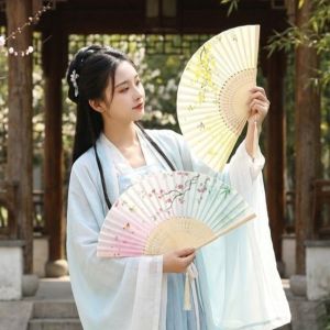 MODERNLUX Bamboo Chinese Japanese Folding Fan Tassel Elegent Female Fan Vintage Style Folding Fan Portable Floral Print Shank Classical Dance Fan Home Decoration