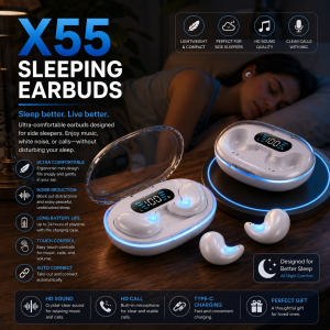 X55 Portable Wireless Bluetooth Sleeping Eabuds Waterprrof Hi-Fi Sound Noise Cancelling Earphone