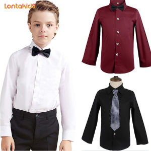 lontakids 2Pcs Kids Dress Shirts and Tie Sets Button Down Shirt Long Sleeve Boys White Black Blue Red Solid Color Uniforms 2-14 Years