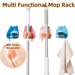 Non Perforated Mop Mop Clip with Hook Rack Cute Cartoon Mop Holder Mop and Broom Holder Rack Waterproof Wall Mounted Self Adhesive Spring Clip Hooks Rack Mop Handle Hanging Organizer