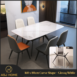 ASJ_Luxe Curved Dining Table – Glossy Sintered Stone Top with X-Leg Base in Grey White & Pandora