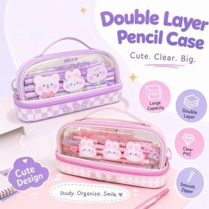 Transparent Pencil Case Double Layer Large Capacity Kawaii Cartoon Waterproof School Stationery