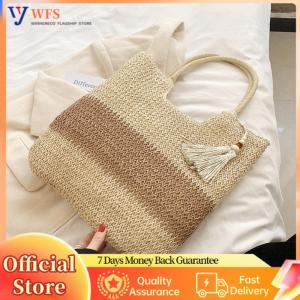 【Flagship】Summer Hand-Woven Handbags Contrast Color with Tassels Beach Vacation Bags Large-Capacity Handmade Fashion Casual Simple for Seaside Holiday