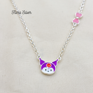 FLORA 0631D - Dây chuyền liền mặt bạc ta hình Kuromi màu tím hồng dành cho bé gái