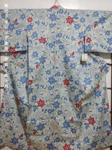 MiyokoLouisse "RED-BLUE KARAKUSA PATTERN LIGHT BLUE YUKATA" Kimono for Women