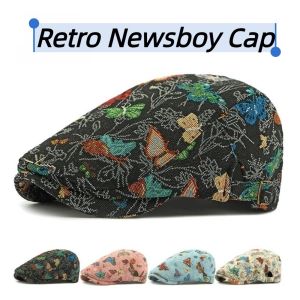 BLOOM DAILYK Cổ điển Mũ báo chí retro Phong cách dân tộc Thiết kế có thể đảo ngược Mũ họa sĩ nghệ sĩ Tính cách Ngọt ngào Mũ beret thêu hình bướm Quần áo nữ