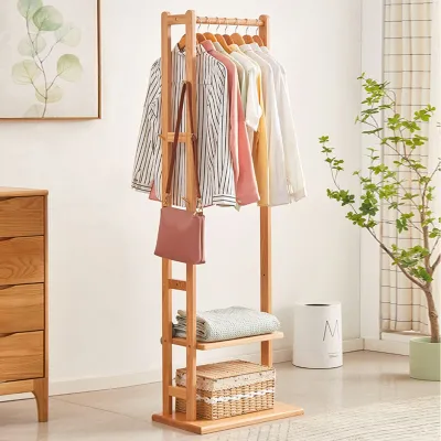 WISFOR Bamboo Garment Coat Clothes Stand Rack Hat Shoe Thicken Wooden Hanger Shelf Tidy for Bedroom Entryway