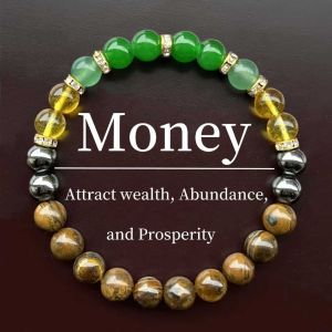 8mm Stone Green gold Money Bracelet for Men Women Health Wealth Elastic Wristband Gift Jewelry