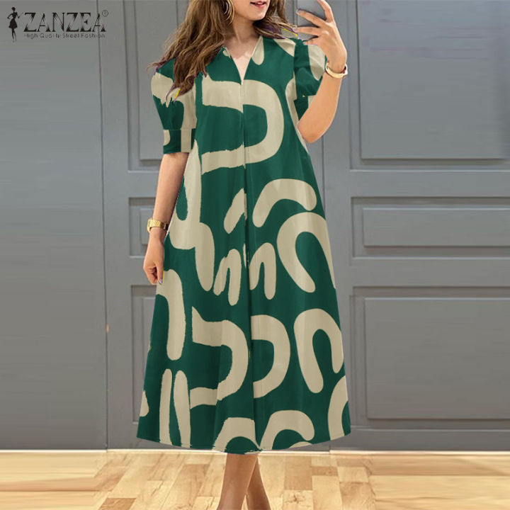 ZANZEA Women Vintage Casual V-Neck Dresses Random Geometric Short Sleeve A-Line  Midi Dress #0407 Regular Fit Women'S Dress Printed Polyester Dress - Lazada  | Lazada PH