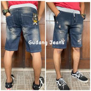Celana Pendek Jeans Sobek Robek Pinggang Melar Tali Kolor Pria Cowo Cowok Laki2 Dewasa Model Terbaru 2023 Warna Thin Brown Biru Navy dan Muda Ukuran Jumbo Size Besar Atas Lutut Dengkul