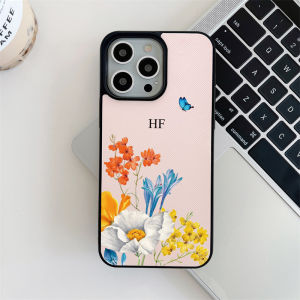 Custom Initials Flower Brick Saffiano Vegan PU Leather Case for iphone 14 13 15 16 17 Pro Max 14 15 16 Plus Case Luxury Cover
