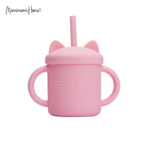 Mamimami Home Kids Sippy Cup 1PC 100% Food Grade Silicone Cups with Straw & Cover Cartoon Cat Baby Self-feeding Essentials
