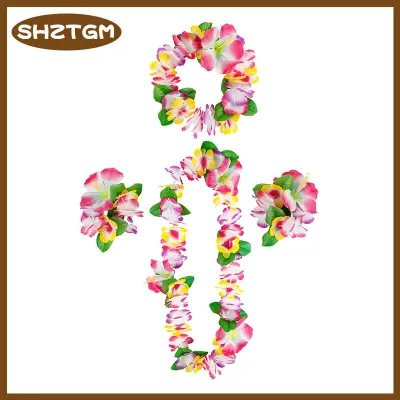 SHZTGM 4Pcs set Hawaiian Flower Leis Garland Necklace Wreath Petal Headband Bracelet Beach Party Decor Wedding Dressing Accessories