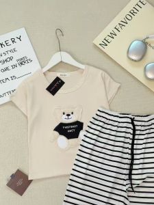 Summer embroidered bear short-sleeved striped straight-leg wide-leg pants set of two pieces