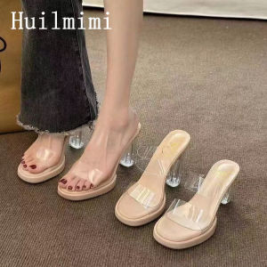 Huilm Giày Cao Gót Nữ Cao Gót 7Cm 2024 Giày Cao Gót Trong Suốt Pha Lê Dày Mới Mùa Hè Xăng Đan Và Dép Lê Dễ Phối