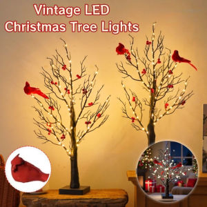 Artificial Birch Tree Light Glowing Tree with Cardinals Christmas Tree Lamp Xmas Lighting Decor