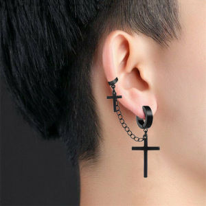 Stainless Steel Clip On Non Piercing Earrings For Women Men Black Gold Color Cross Gothic Punk Rock Drop Pendiente Jewelry