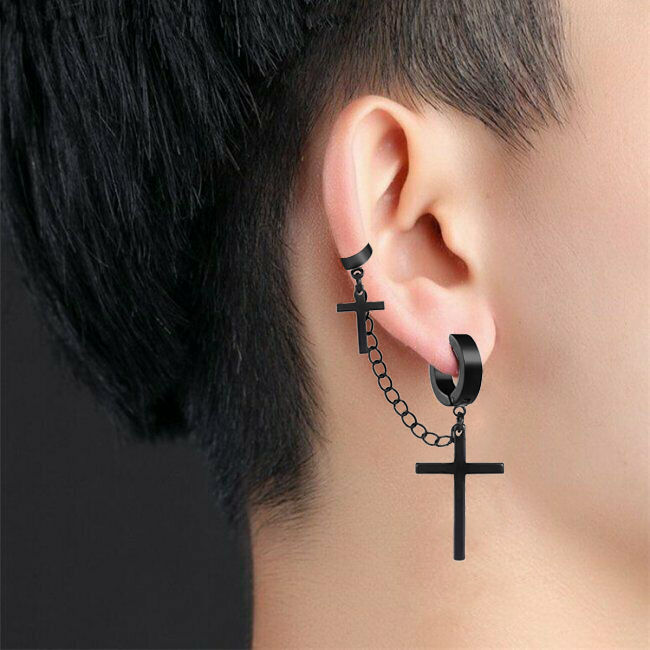 2PCS Stainless Steel Cross Hoop Tassel Drop Earrings For Men Women - Clip On Non-Piercing