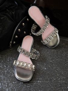 Square Toe Rhinestones Are Beautiful Fashion Slippers with Block Heels Womens Summer Wear Temperament High Heels Fashion Sandals