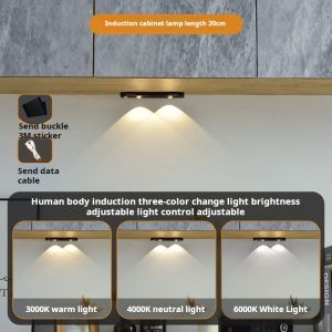 Led Night Light 3-Color Dimming Wireless Motion Sensor Cabinet Light USB Rechargeable Ultra Thin Magnetic Wardrobe Lamp for Room Closet Kitchen 人体感应夜灯