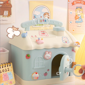 Bafada Creative Piggy Bank Square Saving Money Boxes Small House Coin Bank With Lock And Key Childrens Storage Box Cute Cartoon Sticker For Toys Gifts