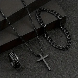 3pcs/Set Fashion Jesus Cross Stainless Steel Pendant Necklace Bracelet Spinner Ring Hip Hop Men Rock Biker Jewelry Set Wholesale h260529