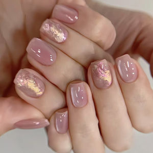 Set nail box Kyn 30 móng màu hồng và trắng màu vàng không đều mắt mèo đơn giản